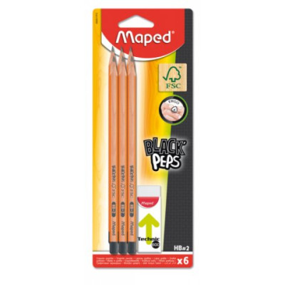 Набор карандашей графитовых BLACK PEPS HB, с ластиком в наборе, блистер (6 шт.) MP.850017FC