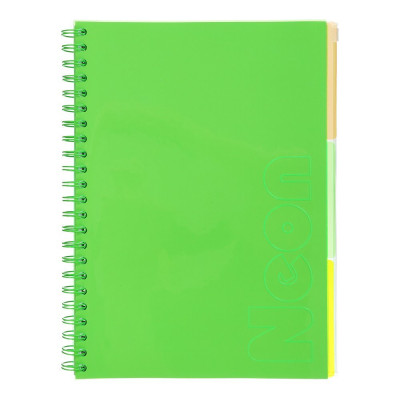 Зошит на пружині NEON, А4 (210x297), 120 арк, клітинка, 3 PVC розділювачі, PVC обкладинка, зелений