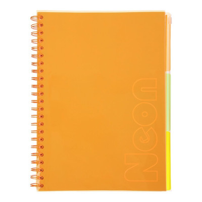 Зошит на пружині NEON, А4 (210x297), 120 арк, клітинка, 3 PVC розділювачі, PVC обкладинка, помаранчевий