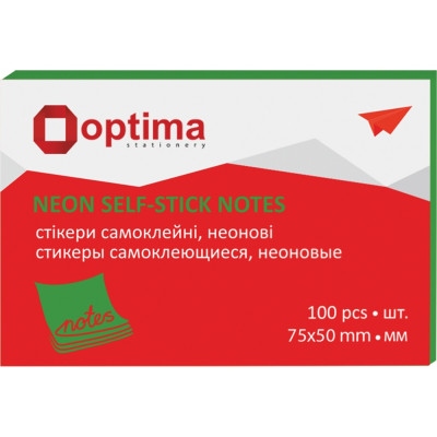 Стікери Optima, 75х50, неон салатовий, 100 л. - O25512-13 Optima