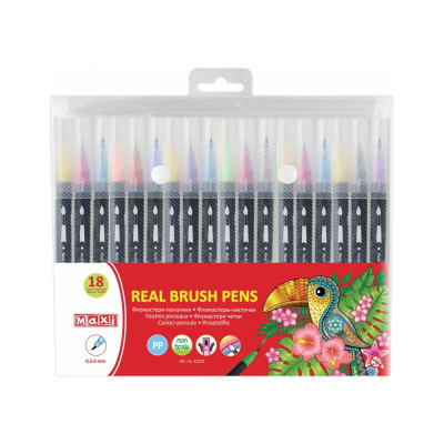 Фломастеры-кисточки REAL BRUSH, 18 цветов, линия 0,5-6 мм - MX15231 Maxi