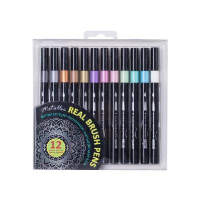 Фломастеры-кисточки REAL BRUSH, 12 цветов металлик, линия 0,5-6 мм - MX15236 Maxi