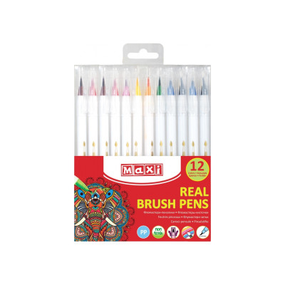 Фломастери-пензлики REAL BRUSH, 12 кольорів - MX15232 Maxi