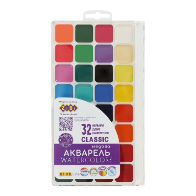 Акварель CLASSIC, 32 цвета, б/кист., пласт. корпус, KIDS Line