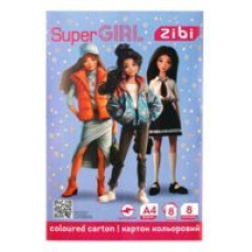 Картон кольоровий двосторонній (целюлозний) SUPER GIRL, А4, 8 кольорів - 8 аркушів, 215 г/м2, KIDS Картон кольоровий двосторонній (целюлозний) SUPER GIRL, А4, 8 кольорів - 8 аркушів, 215 г/м2, KIDS