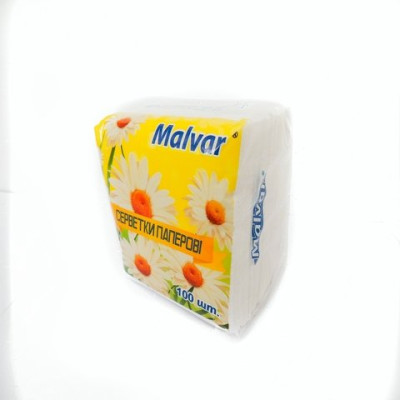 Серветки столові, пап., 210х210мм, 100шт., в пп упак., білі Malvar
