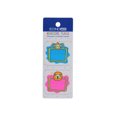 Закладки з клейким шаром 40х45 мм Economix Fun Lion & monkey, 40 шт., пластикові, асорті - E20966-02 Economix