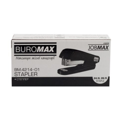 Степлер пластиковый, JOBMAX, 20 л., (скобы №24, 26), 100х30х50 мм, черный - BM.4214-01 Buromax