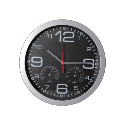 Часы настенные пластиковые Optima CHRONO с термометром и гигрометром, черные O52082