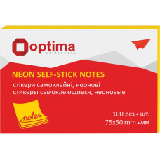 Блок для нотаток з клейким шаром 75х50 мм Optima, 100 арк., неон жовтий