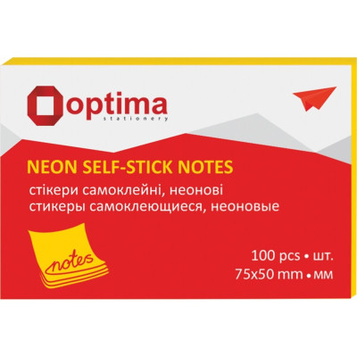 Блок для нотаток з клейким шаром 75х50 мм Optima, 100 арк., неон жовтий - O25512-05