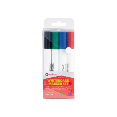 Набір маркерів для білих дошок Optima 2 мм, 4 кольори в пеналі - O16212 Optima