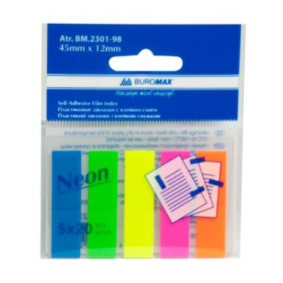 Закладки пласт. з клейким шаром NEON 45x12мм, 5х20арк., JOBMAX, асорті - BM.2301-98 Buromax