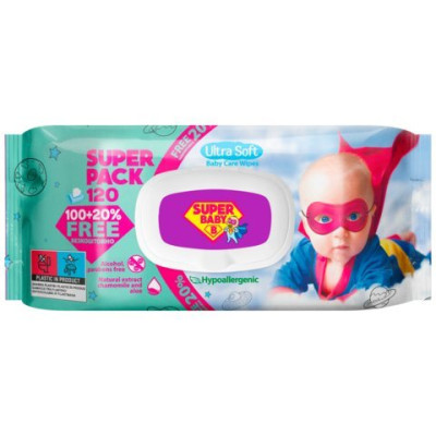 Серветки вологі, SuperPack, ромашка та алоє, 120шт., Super Baby