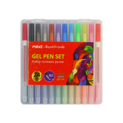Набір гелевих ручок в пластиковому боксі,  24 неонових, класичних кольорів та з блискітками - MX11987 Maxi