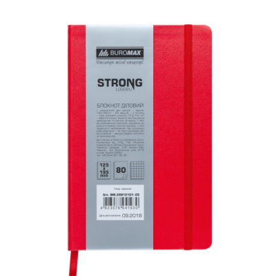 Блокнот деловой STRONG, L2U, 125x195 мм, 80 л., клетка, красный, иск.кожа