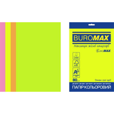 Набір кольорового паперу NEON, EUROMAX, 4 кол., 20 арк., А4, 80 г/м² - BM.2721520E-99 Buromax