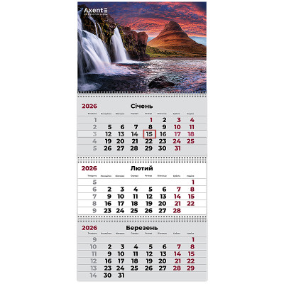 Календар настінний квартальний 2026р, 3 пр., Waterfalls 3