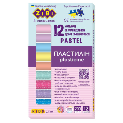 Пластилін PASTEL 12 кольорів, 200г (8 пастель + 4 глітер), KIDS Line - ZB.6240 ZiBi