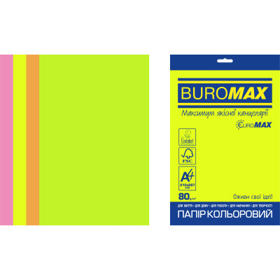 Набір кольорового паперу NEON, EUROMAX, 4 кол., 50 літрів, А4, 80 г/м² - BM.2721550E-99 Buromax