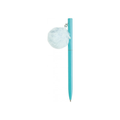Ручка металлическая голубая с брелоком-помпоном, пишет синим