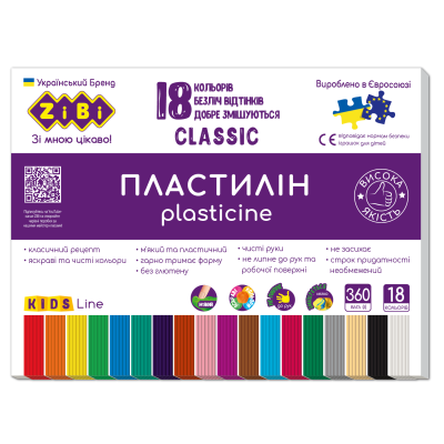 Пластилин CLASSIC 18 цветов, 360г, KIDS Line - ZB.6235 ZiBi