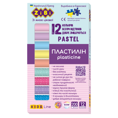 Пластилін PASTEL 12 кольорів, 200г (8 пастель + 4 глітер), KIDS Line - ZB.6240 ZiBi