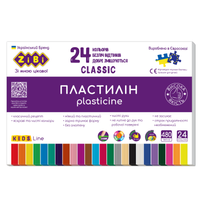 Пластилін CLASSIC 24 кольорів, 480г, KIDS Line - ZB.6236 ZiBi