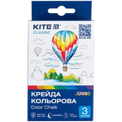 Мел цветной Jumbo, 3 цв. Kite Classic