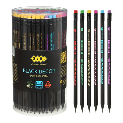 Олівець графітовий HB,  BLACK DECOR, пластиковий, триграний, з гумкою, туба - 144 шт