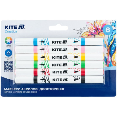 Маркеры акриловые двусторонние, 6шт Kite Creative