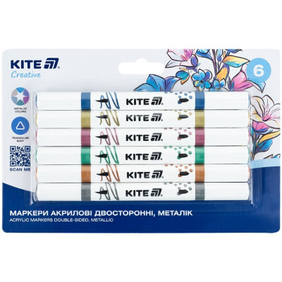 Маркеры акриловые двусторонние, 6шт металлик Kite Creative