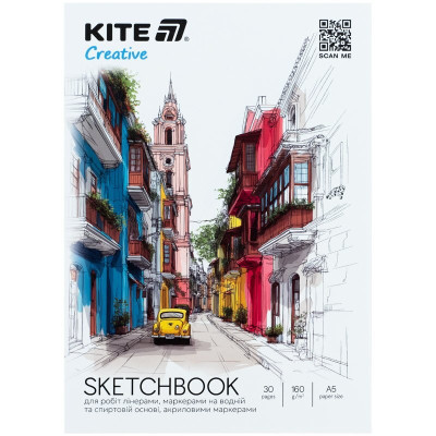 Скетчбук A5, 30 л., для работ маркерами, Kite Creative