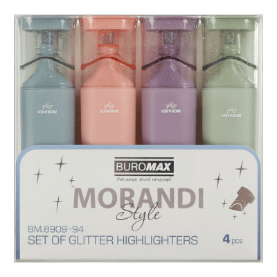 Набір із 4-х текст-маркерів MORANDI STYLE Glitter (рожевий, бузковий, оливковий, графітовий) MORANDI Glitter, 2-4.5 мм BM.8909-94