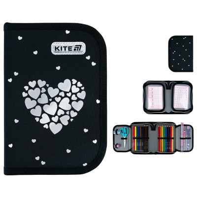 Пенал Kite 1 отд., 2 отв., с наполнением 622H Black&Silver