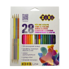 Олівці кольорові, 28 кол. (20 стандарт, 4 двостор.), тригранний, KIDS Line